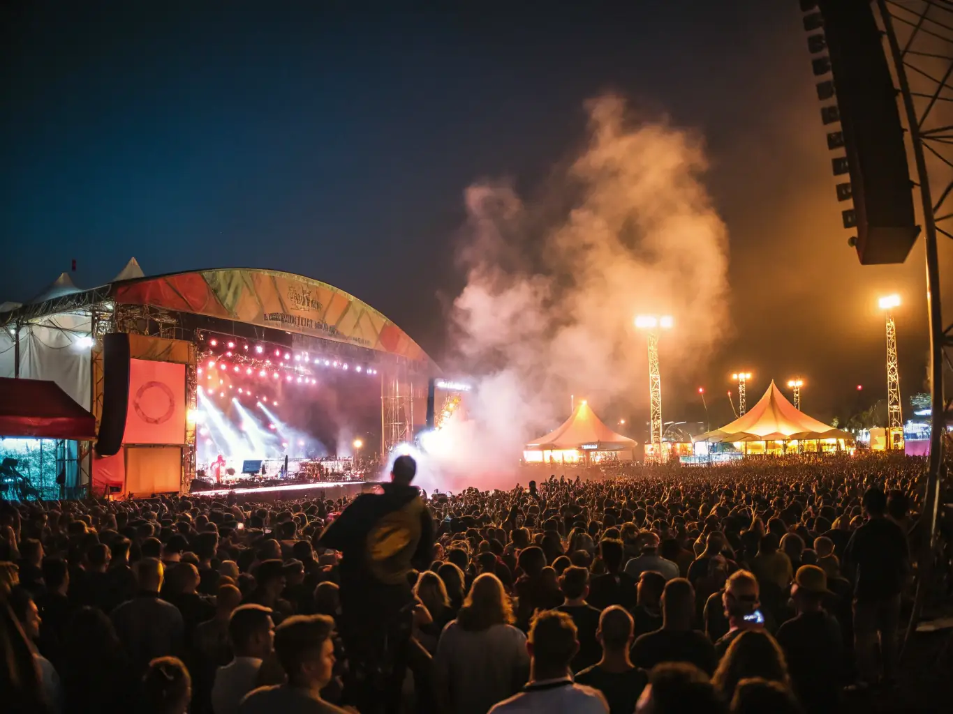 A vibrant image of the Global Beats Festival in full swing, showcasing diverse artists performing on stage with a large, enthusiastic crowd in the background. The image captures the energy and cultural exchange promoted by the festival.